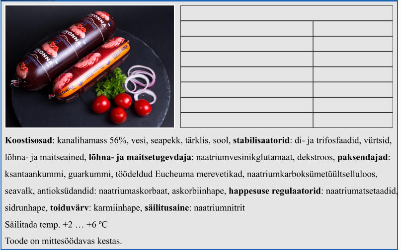 Koostisosad: kanalihamass 56%, vesi, seapekk, tärklis, sool, stabilisaatorid: di- ja trifosfaadid, vürtsid,  lõhna- ja maitseained, lõhna- ja maitsetugevdaja: naatriumvesinikglutamaat, dekstroos, paksendajad:  ksantaankummi, guarkummi, töödeldud Eucheuma merevetikad, naatriumkarboksümetüültselluloos,  seavalk, antioksüdandid: naatriumaskorbaat, askorbiinhape, happesuse regulaatorid: naatriumatsetaadid,  sidrunhape, toiduvärv: karmiinhape, säilitusaine: naatriumnitrit Säilitada temp. +2 … +6 ºC Toode on mittesöödavas kestas.