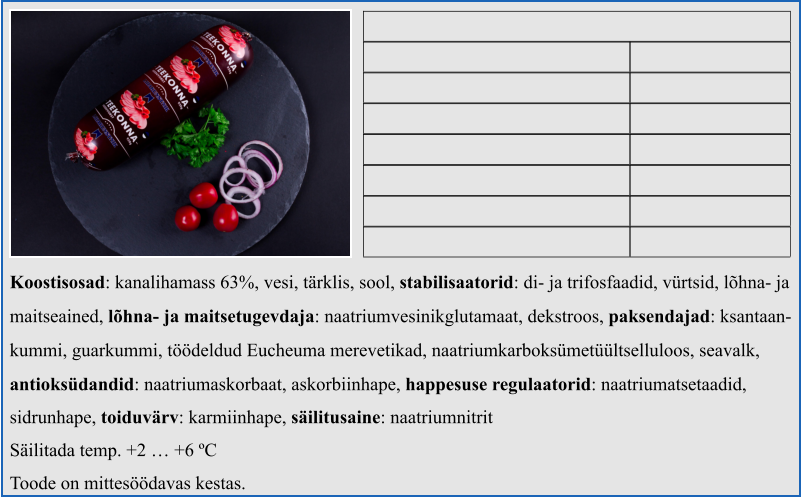 Koostisosad: kanalihamass 63%, vesi, tärklis, sool, stabilisaatorid: di- ja trifosfaadid, vürtsid, lõhna- ja  maitseained, lõhna- ja maitsetugevdaja: naatriumvesinikglutamaat, dekstroos, paksendajad: ksantaan- kummi, guarkummi, töödeldud Eucheuma merevetikad, naatriumkarboksümetüültselluloos, seavalk,  antioksüdandid: naatriumaskorbaat, askorbiinhape, happesuse regulaatorid: naatriumatsetaadid,  sidrunhape, toiduvärv: karmiinhape, säilitusaine: naatriumnitrit  Säilitada temp. +2 … +6 ºC Toode on mittesöödavas kestas.